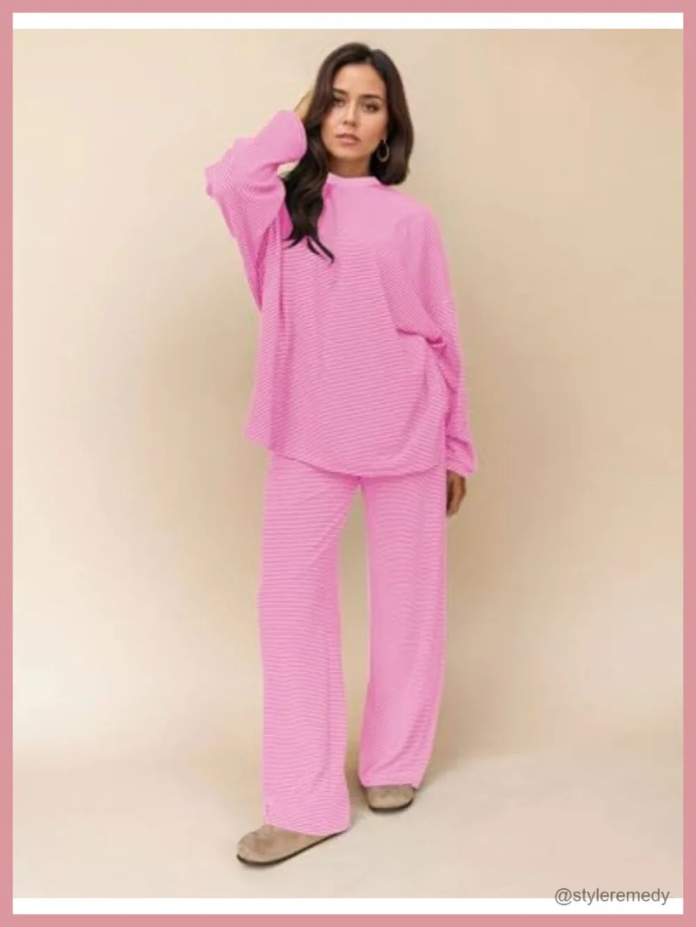 Women's 2 Piece Striped Lounge Set Long Sleeve Oversized T-Shirt Wide Leg